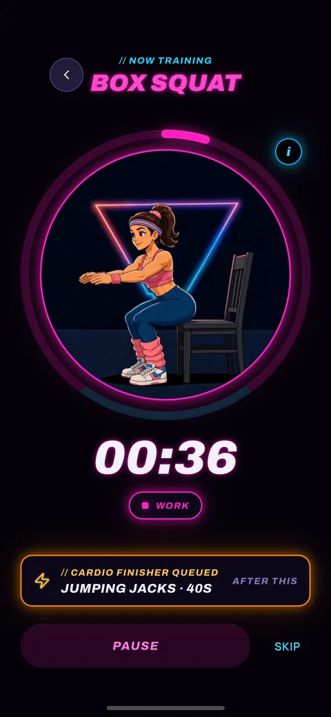 OneMinFit break in progress: Pam demonstrates a box squat inside the timer ring at 36 seconds